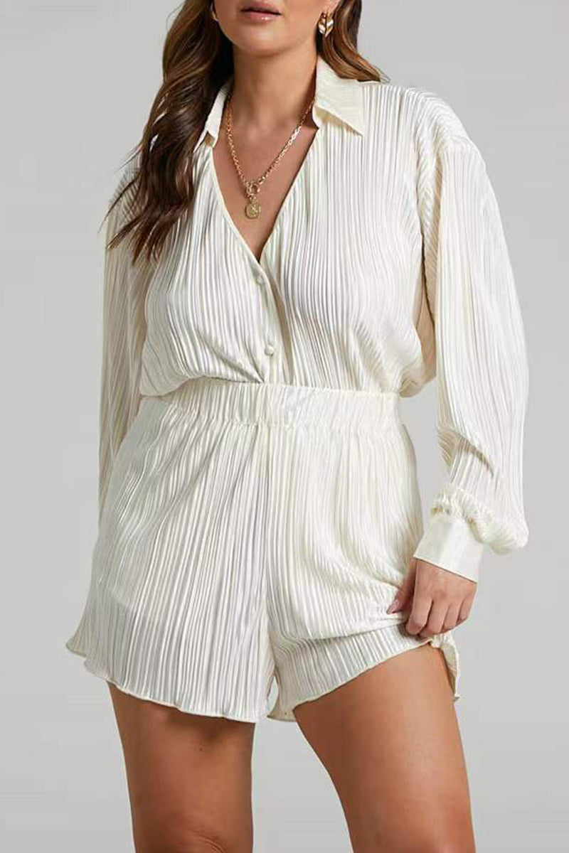 Casual Simplicity Solid Fold Turndown Collar Long Sleeve Two Pieces