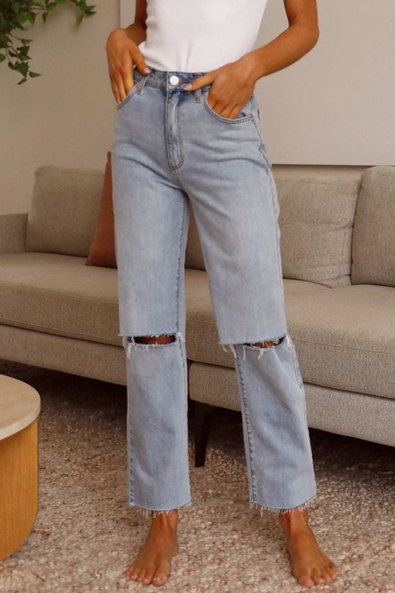 Casual Street Solid Ripped High Waist Regular Denim Jeans