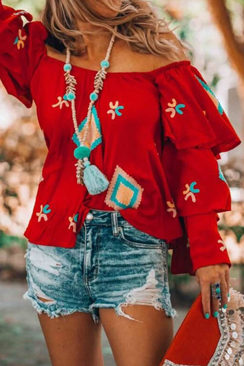Bohemian College Geometric Patchwork Off the Shoulder Tops