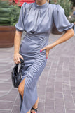 Elegant Solid Fold Half A Turtleneck One Step Skirt Dresses