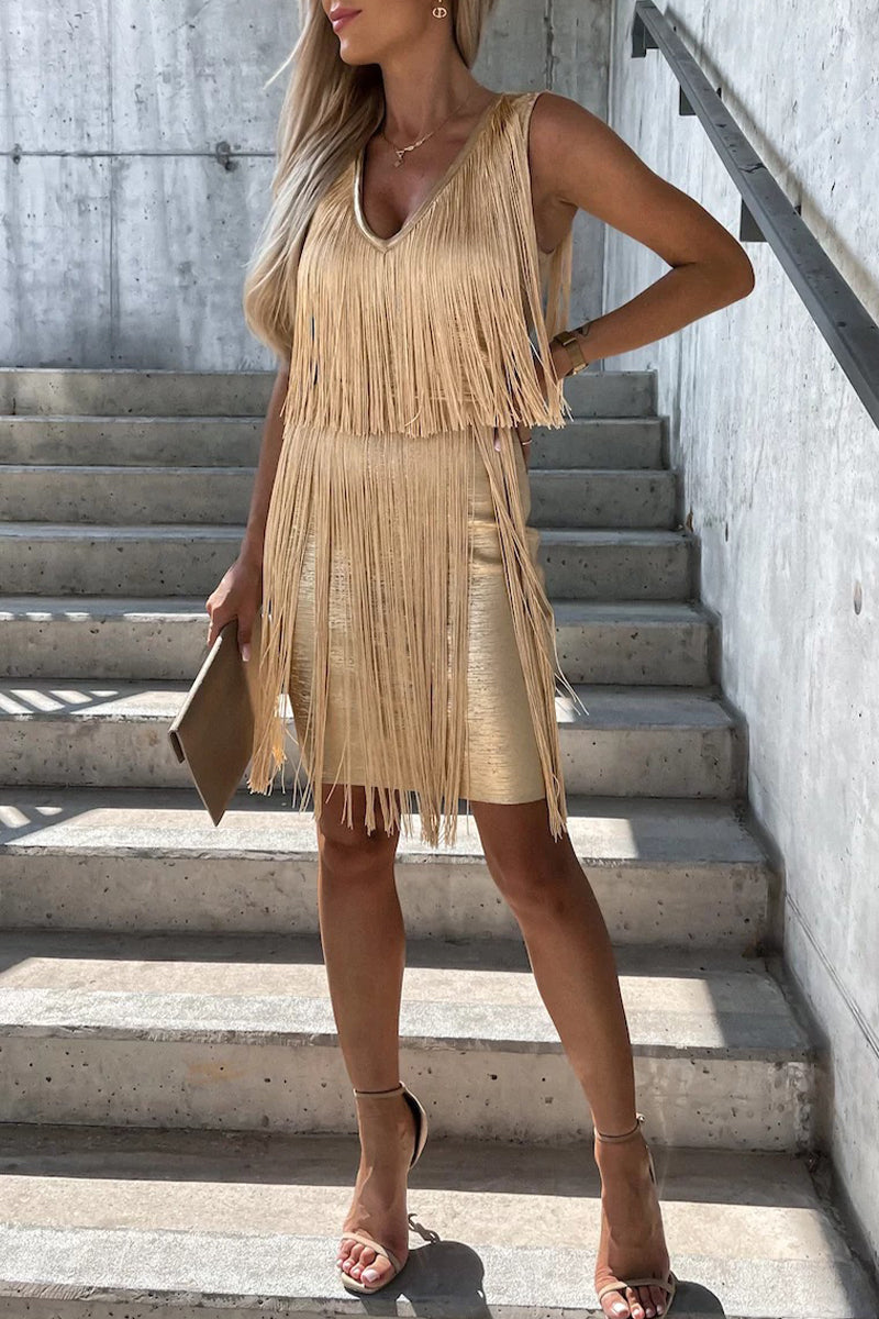 Sexy Party Solid Tassel V Neck Wrapped Skirt Dresses