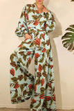 Casual Floral Patchwork Turndown Collar Long Sleeve Two Pieces