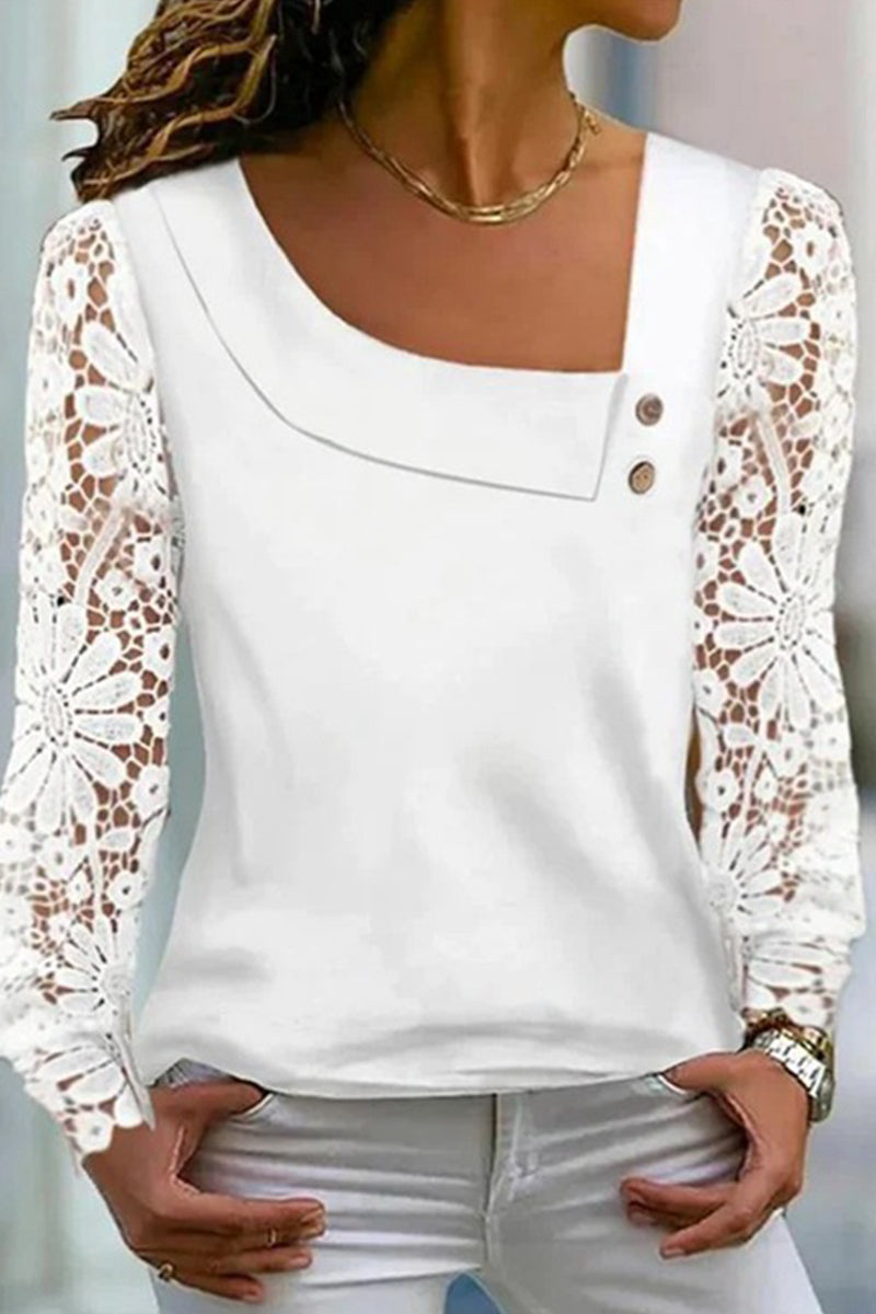Sweet Elegant Solid Lace Oblique Collar Tops