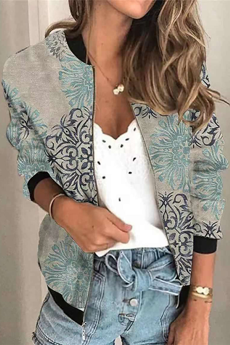 Casual Print Patchwork O Neck Outerwear