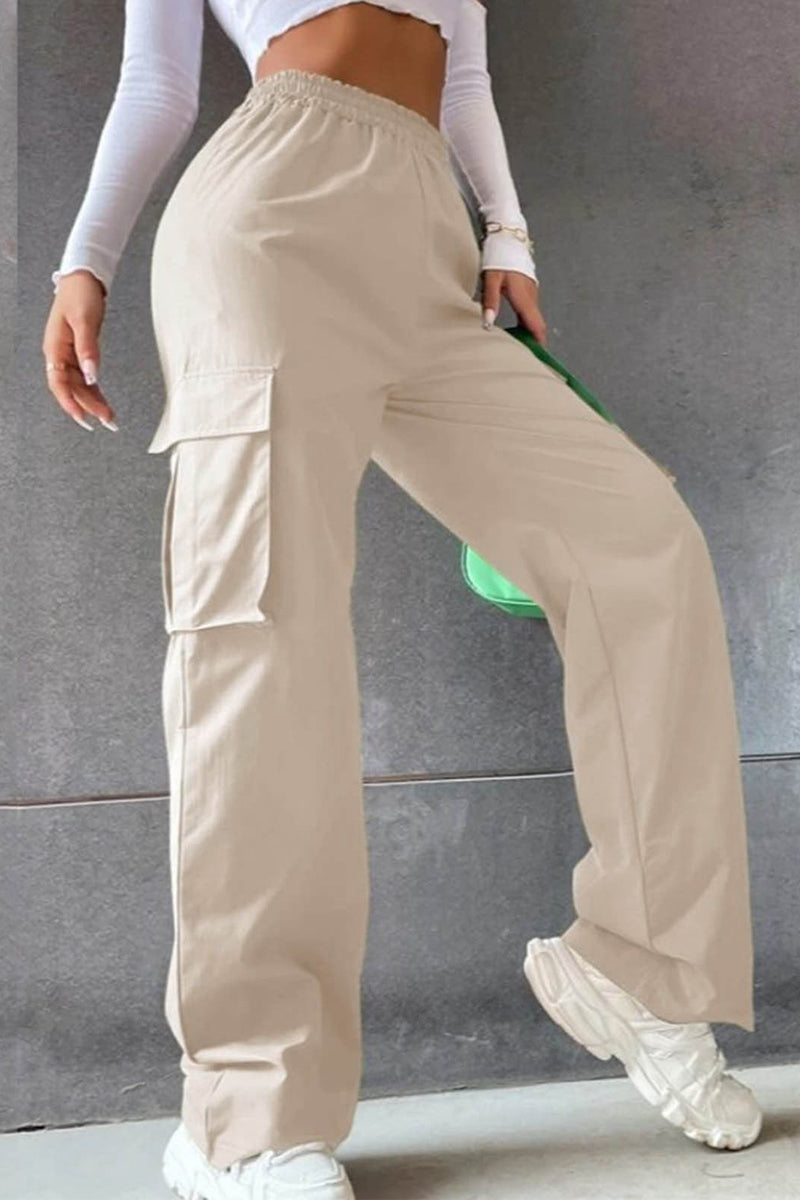 Solid Pocket Loose Mid Waist Straight Solid Color Bottoms
