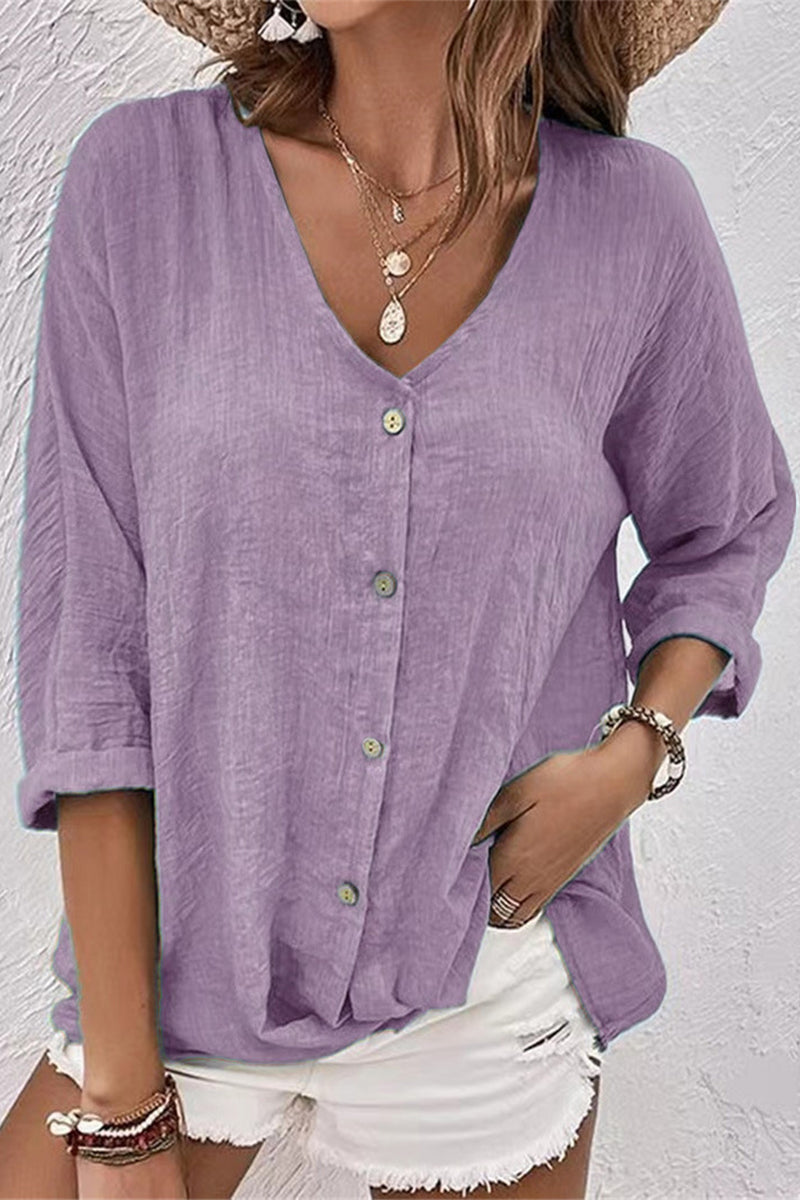 Simplicity Solid Buttons V Neck Tops