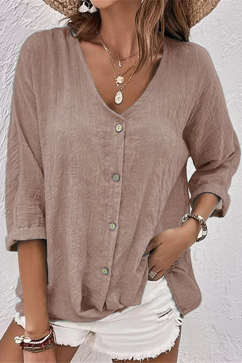 Simplicity Solid Buttons V Neck Tops