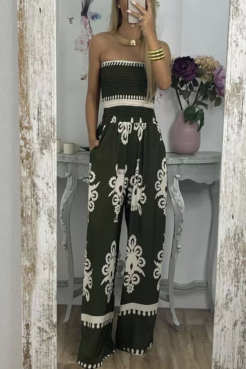 Sexy Print Pocket Strapless Loose Jumpsuits(3 Colors)