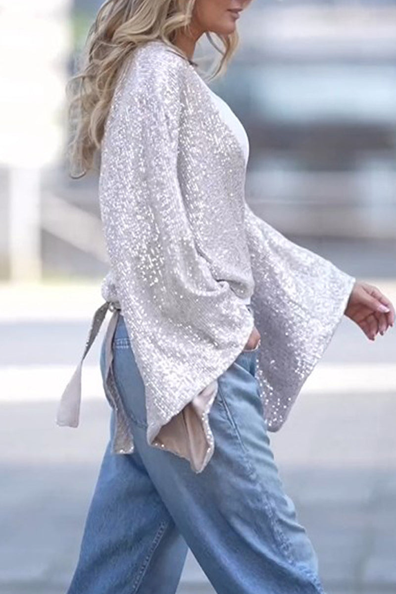 Casual Solid Sequins V Neck Blouses