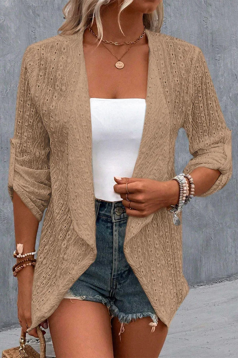 Simplicity Solid Hollowed Out Cardigan Collar Outerwear
