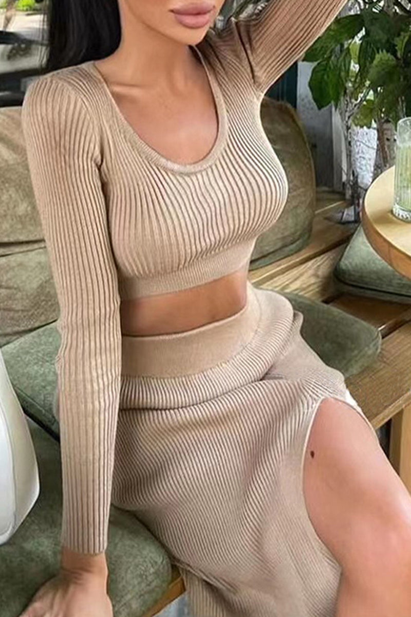 Sexy Solid Slit O Neck Long Sleeve Two Pieces
