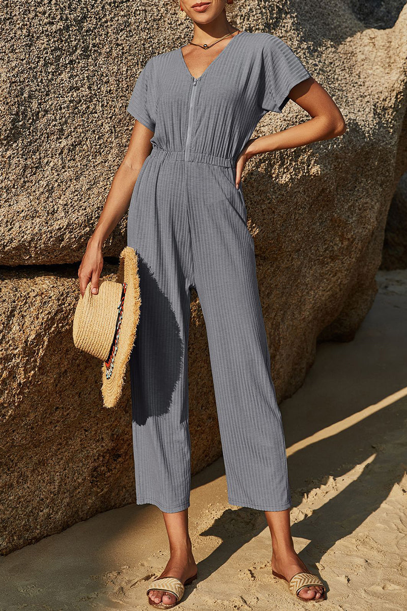 Casual Simplicity Solid Zipper V Neck Straight Jumpsuits