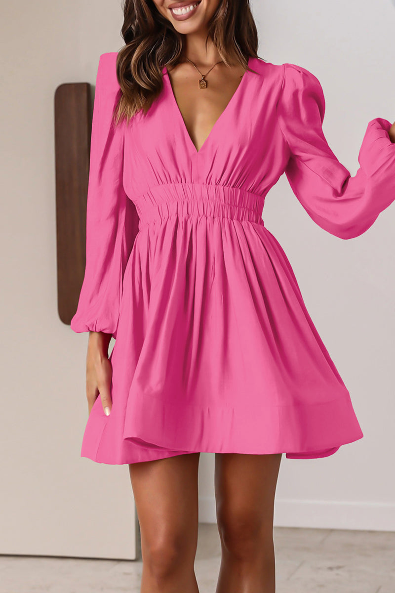 Casual Solid Fold V Neck Pleated Dresses