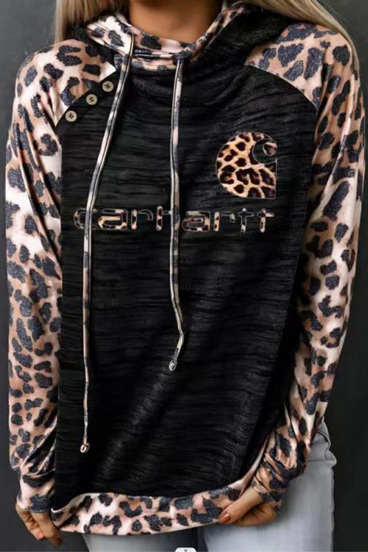 Casual Leopard Patchwork Buttons Hooded Collar Tops