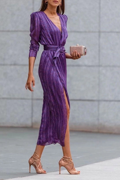 Elegant Striped Patchwork Asymmetrical V Neck Waist Skirt Dresses