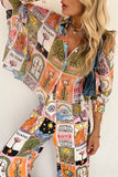 Casual College Print Patchwork Turndown Collar Long Sleeve Two Pieces