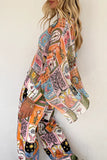 Casual College Print Patchwork Turndown Collar Long Sleeve Two Pieces