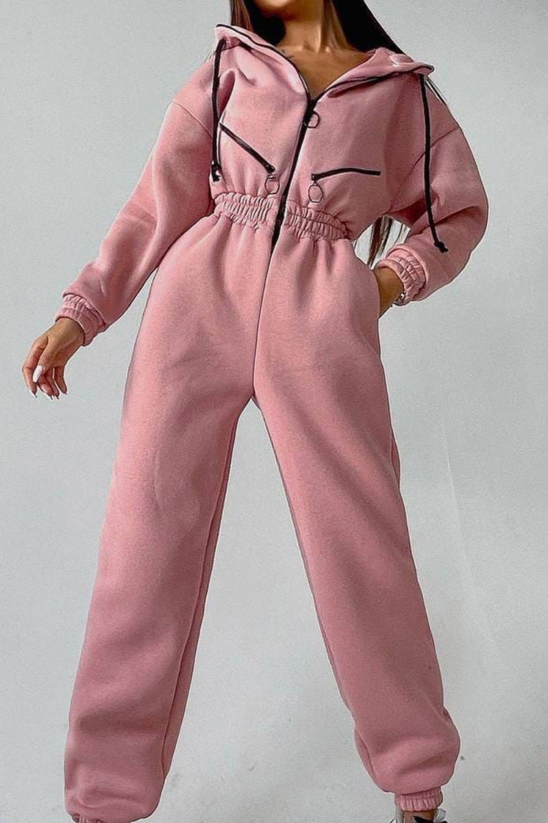 Street Solid Patchwork Hooded Collar Jumpsuits(8 Colors)