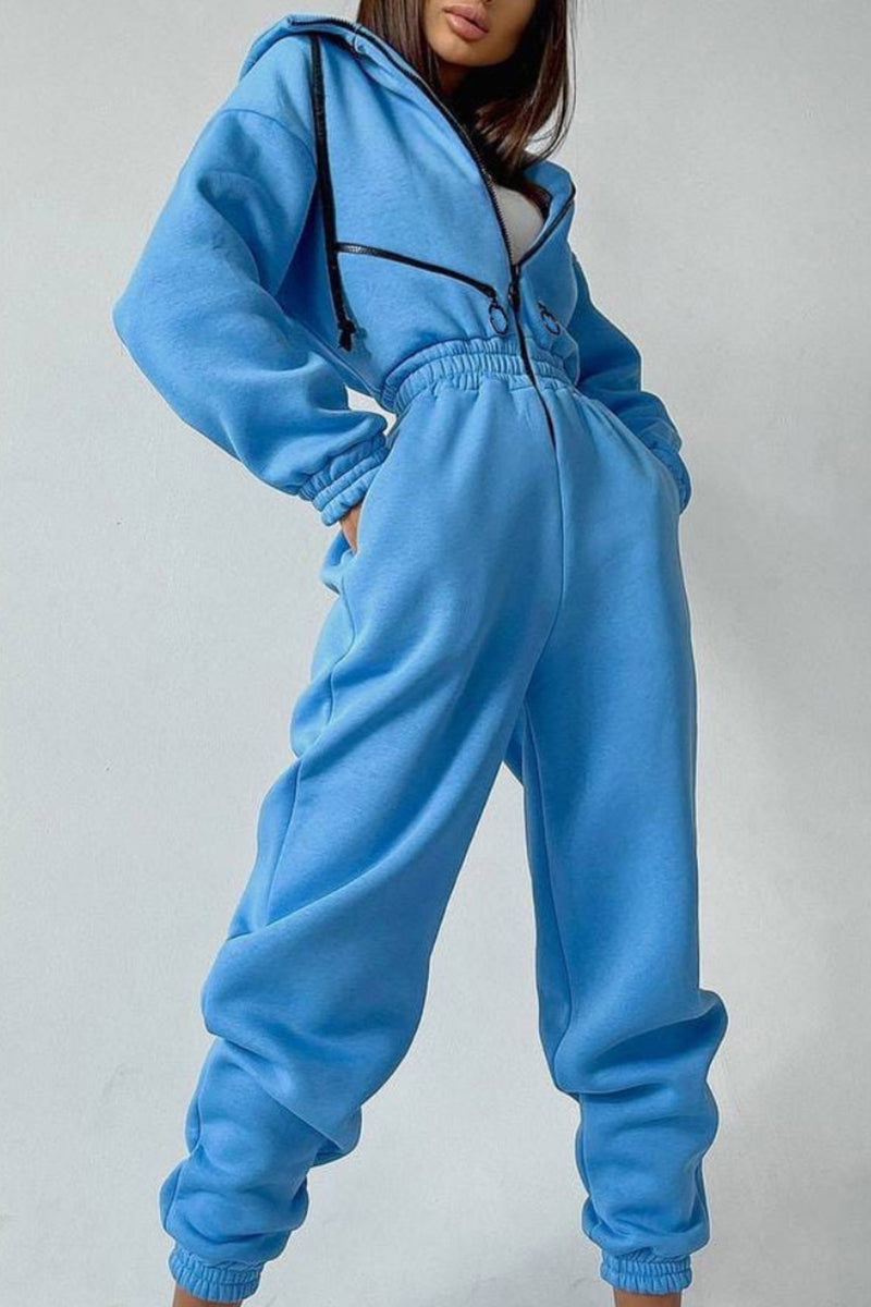 Street Solid Patchwork Hooded Collar Jumpsuits(8 Colors)