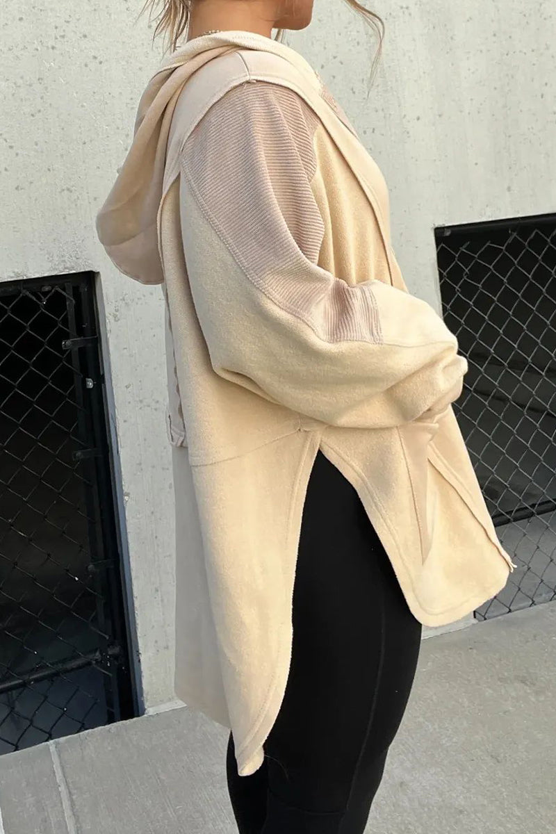 Casual Solid Pocket Slit Hooded Collar Tops