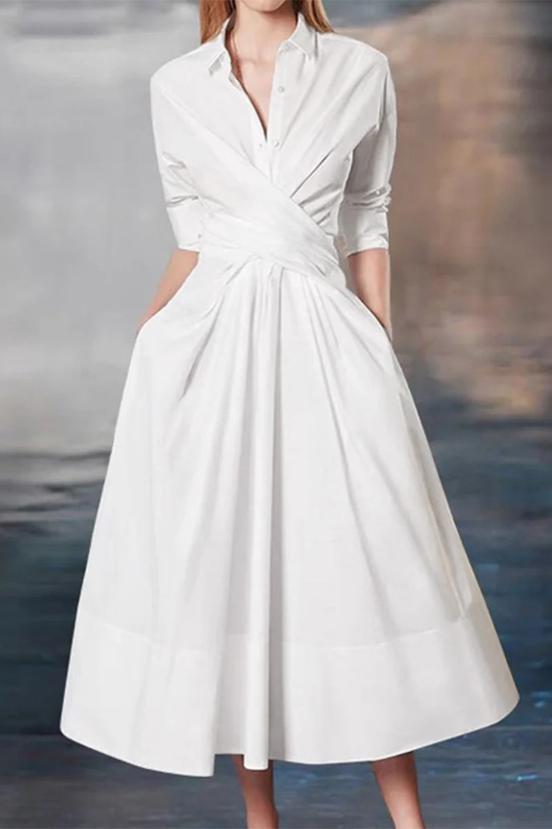 Elegant Solid Cross Straps Turndown Collar Shirt Dress Dresses(3 Colors)