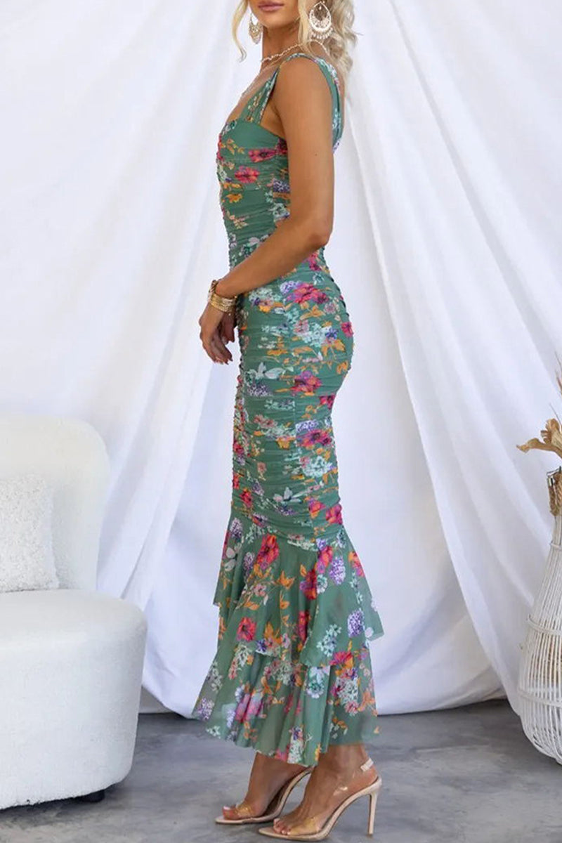 Elegant Floral Fold Square Collar Printed Dresses(3 Colors)
