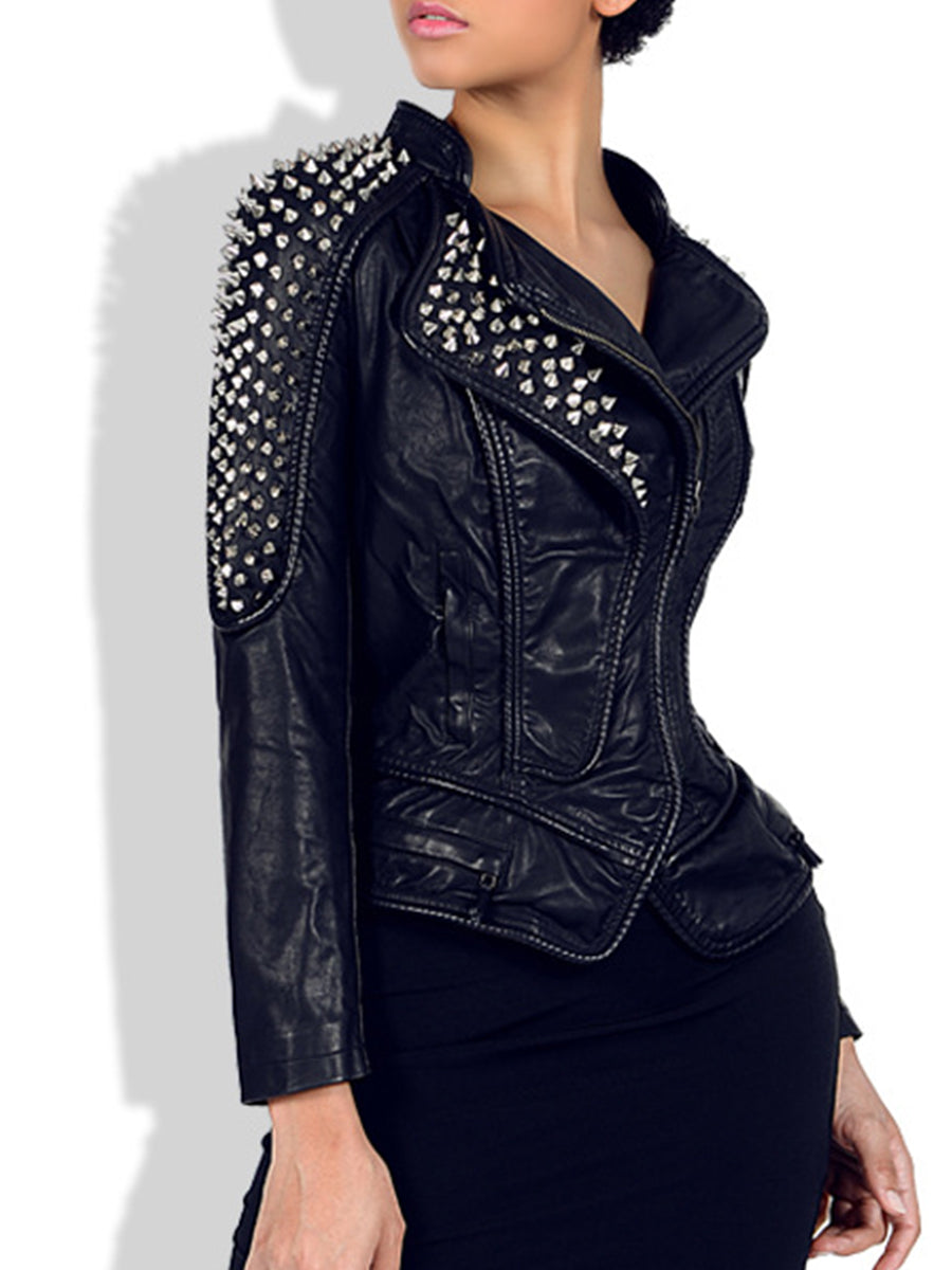 Casual Punk Solid Rivets Turndown Collar Outerwear