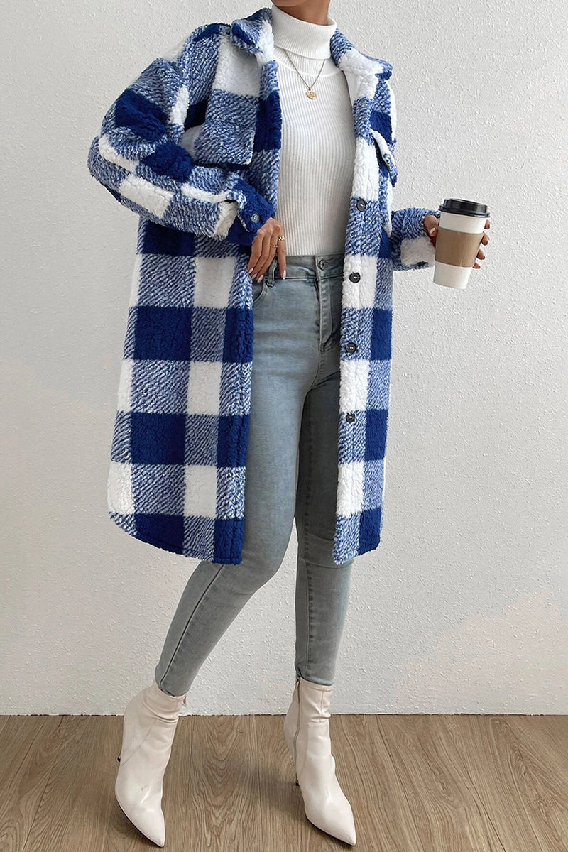 Casual Plaid Pocket Contrast Turndown Collar Outerwear(4 Colors)