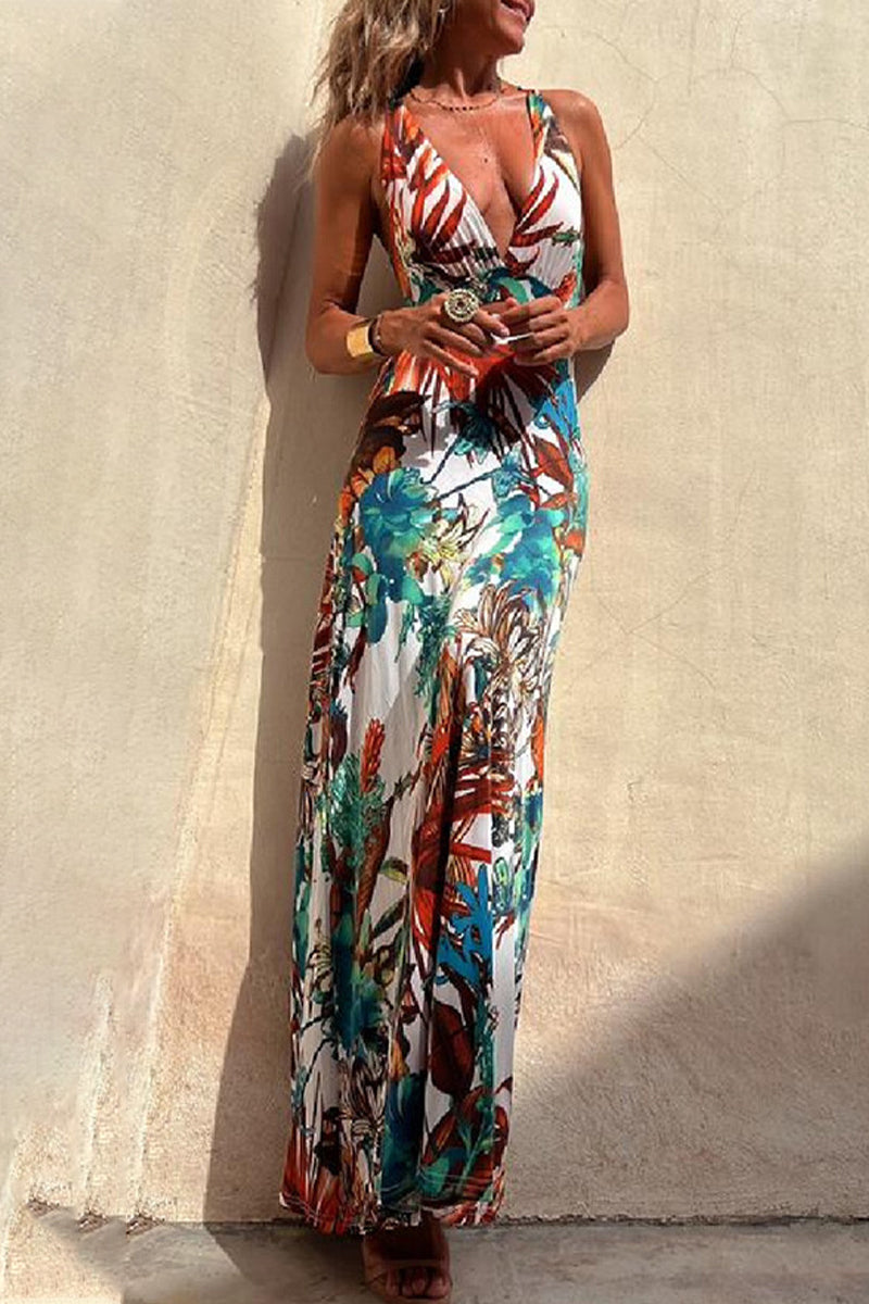 Sexy Vacation Floral Backless V Neck Printed Dresses(3 Colors)