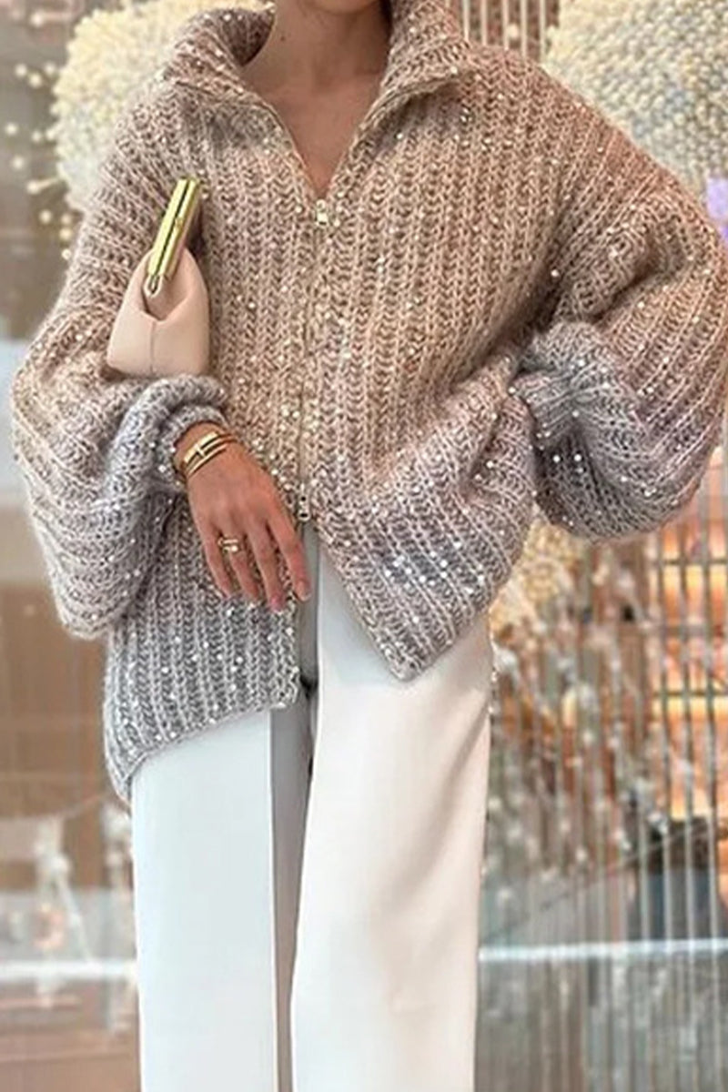 Casual Celebrities Elegant Sequins Turndown Collar Sweaters(3 Colors)