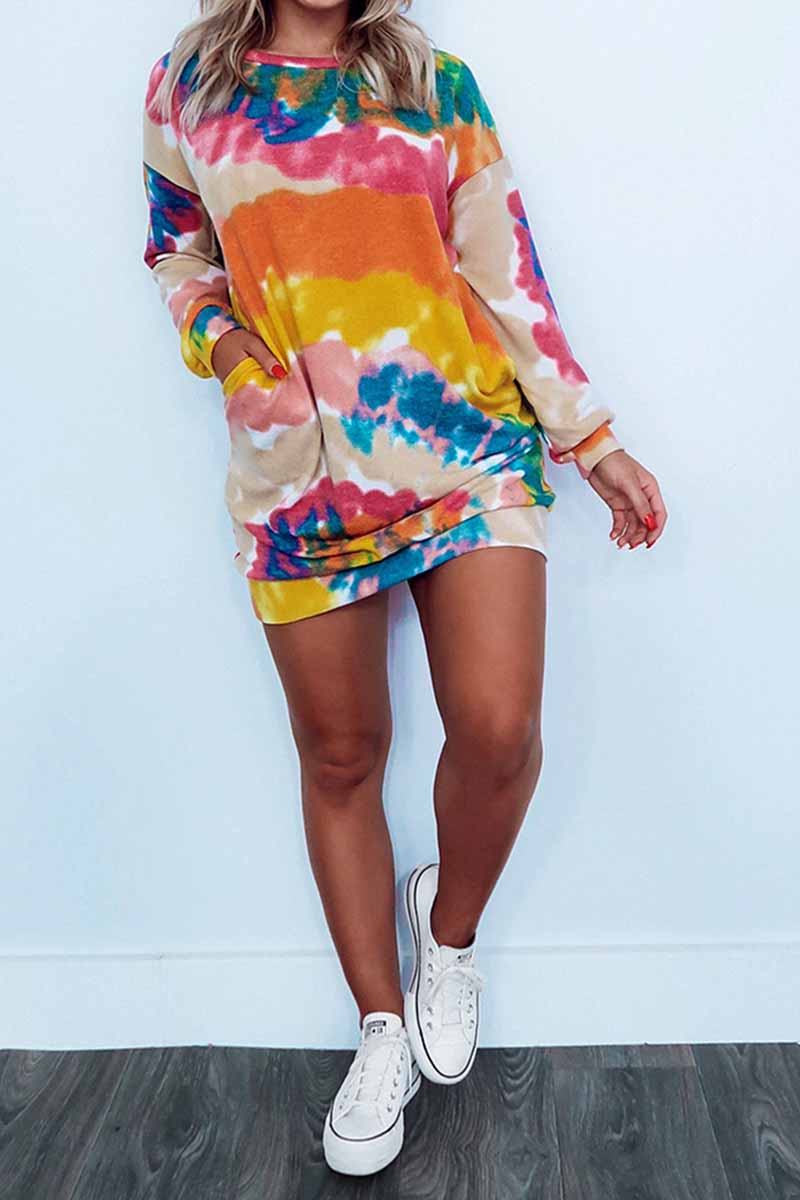 Chicindress Round Neck Pullover Tie-Dye Printing Mini Dress