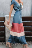 Chicindress Summer Loose Multicolor Stitching V-Neck Short Sleeves Midi Dress