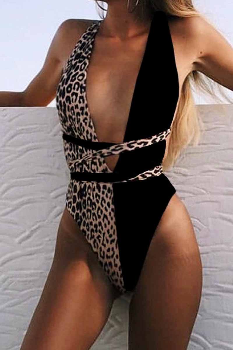Chicindress One-piece Leopard Print Hollow Strap Swimsuit