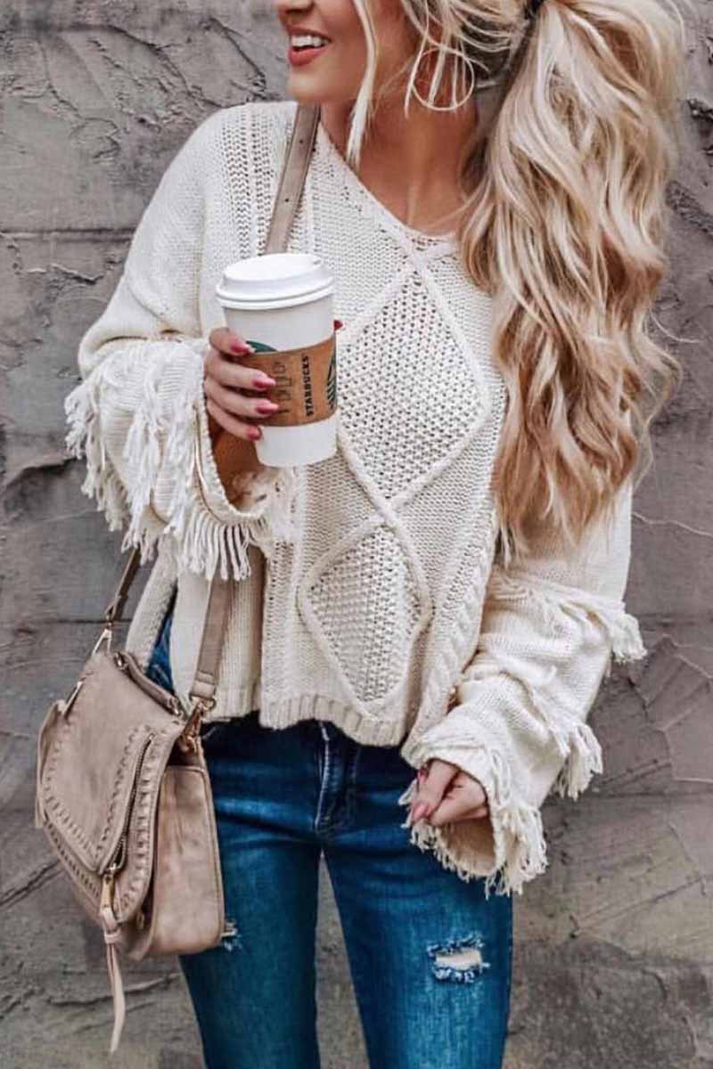 Chicindress Solid Color Knitted Tassel Sweater