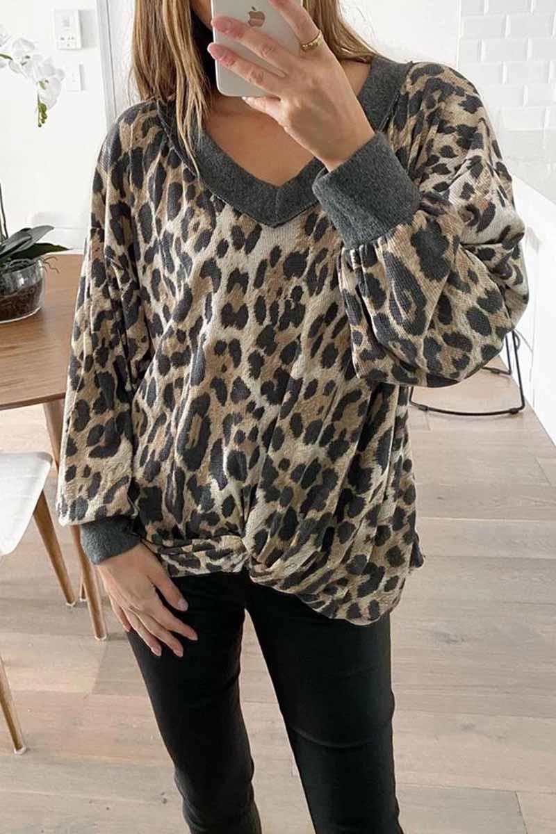 Chicindress V-neck Long Sleeve Leopard Print Pullover Tops