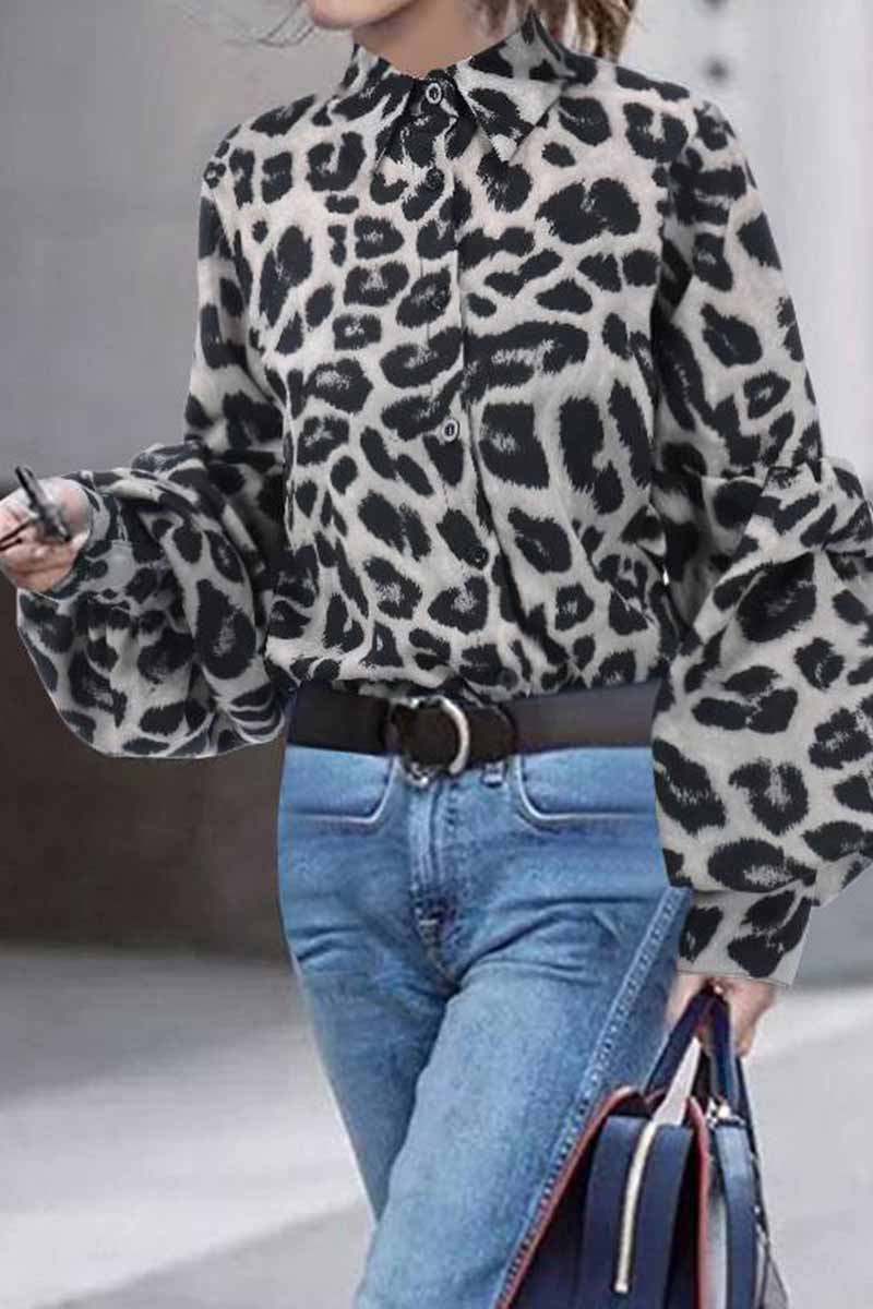 Chicindress Loose Leopard Print Shirt Collar Long Sleeves Tops