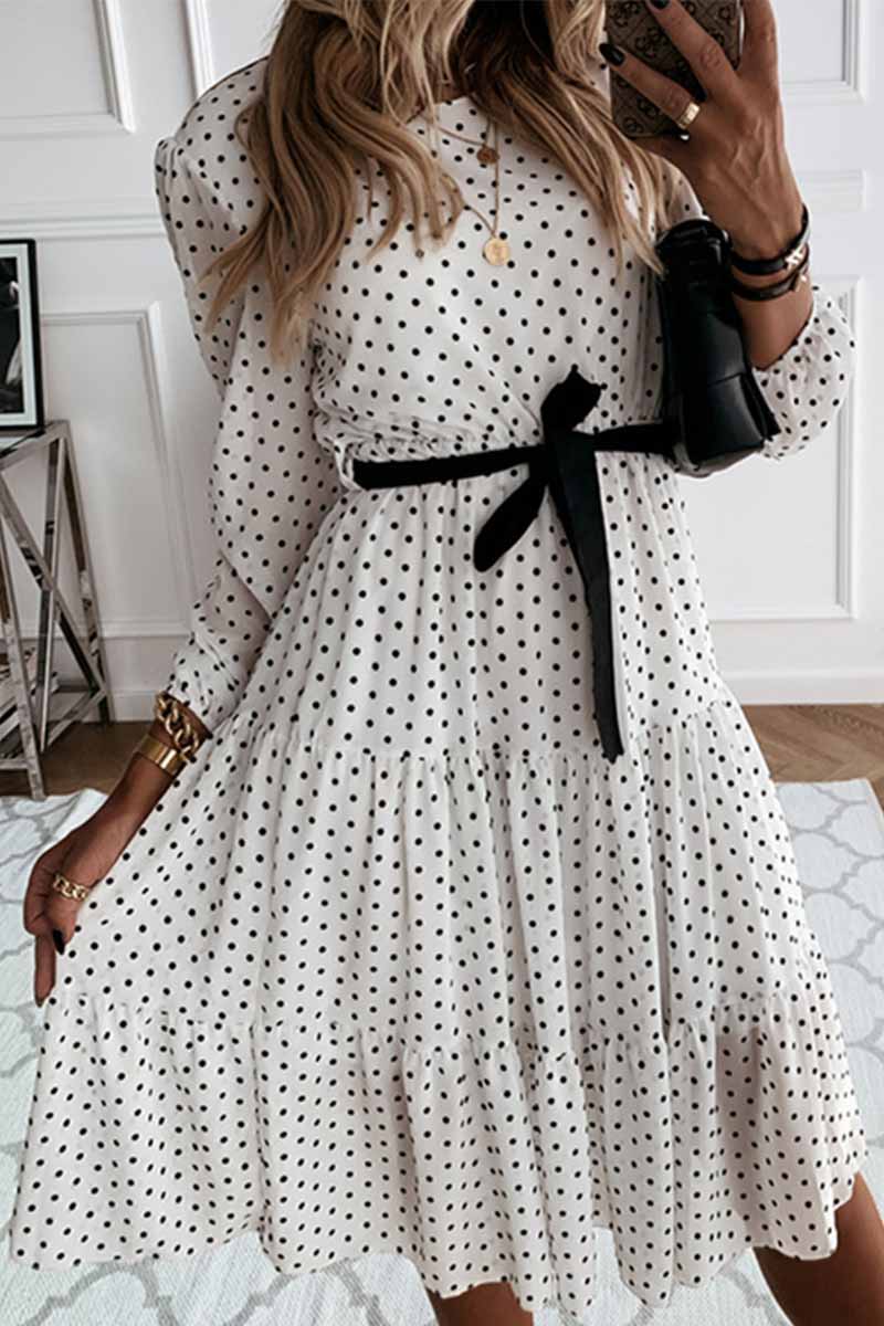 Chicindress Elegant Dot Print Round Neck Tie Midi Dress