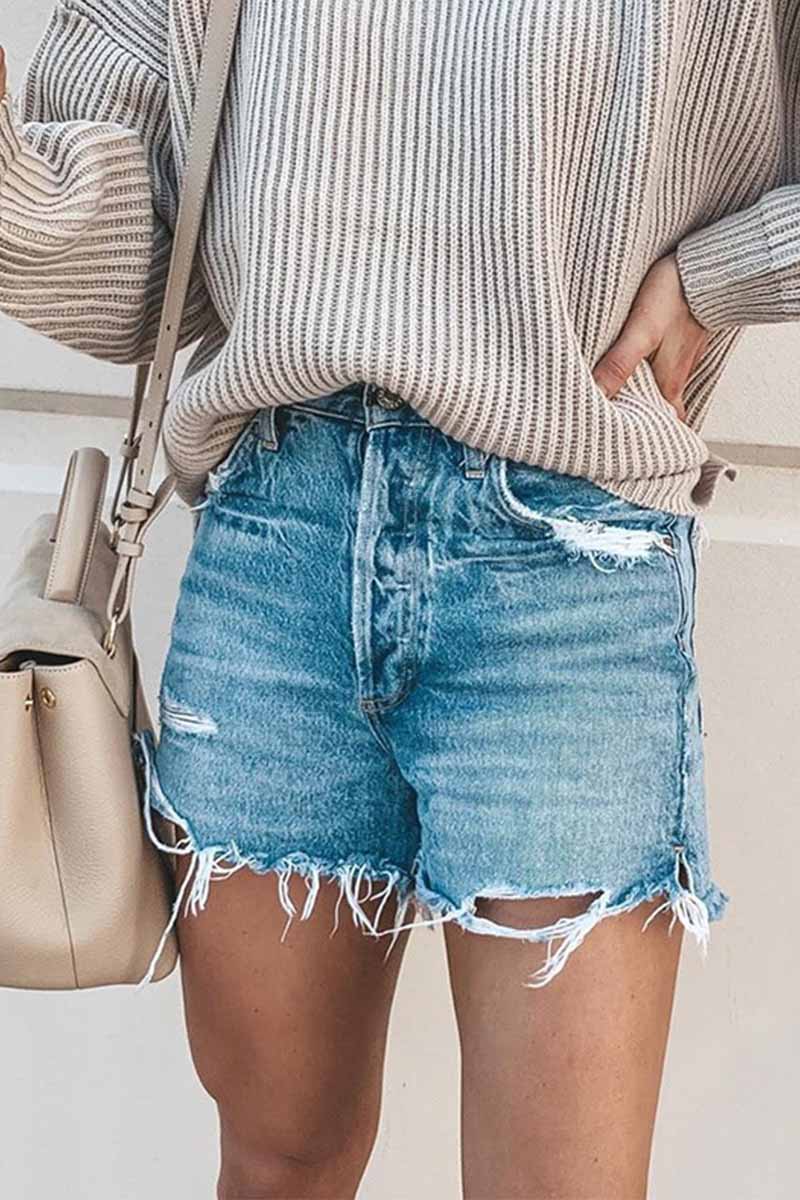 Chicindress Summer Loose Button Ripped Fringed Denim Shorts