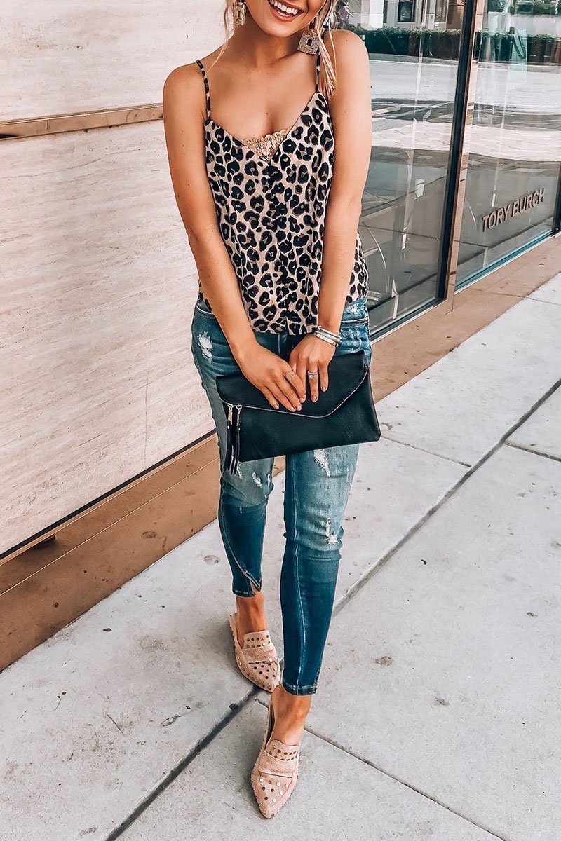 Chicindress V Neck Leopard Printed Brown Tank Top