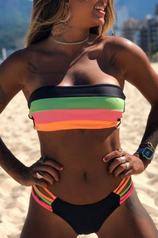 Dokifans Bandeau Rainbow Striped Bikini Set (3 Colors) - Dokifans