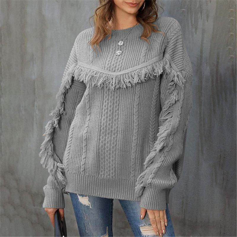 Chicindress Round Neck Loose Tassel Twist Solid Color Sweater