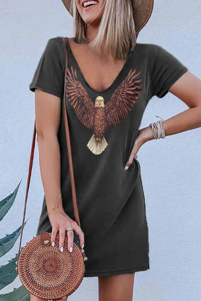 Chicindress Loose V-Neck Eagle Print Short Sleeves Mini Dress