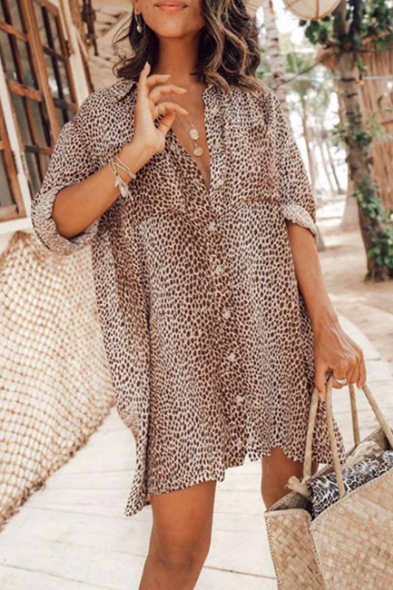 Chicindress Leopard Print Long Sleeve Shirt Mini Dress(3 Colors)