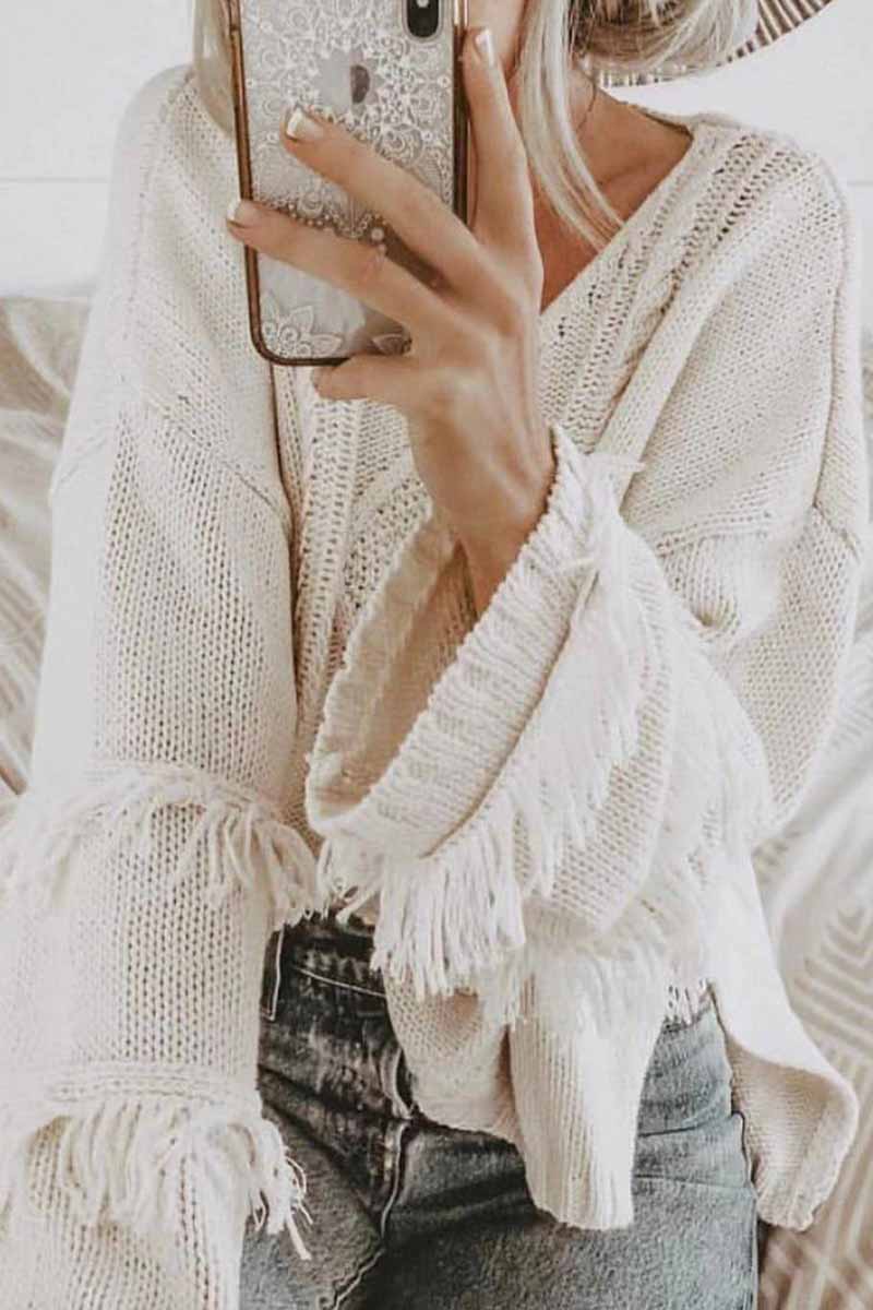 Chicindress Solid Color Knitted Tassel Sweater