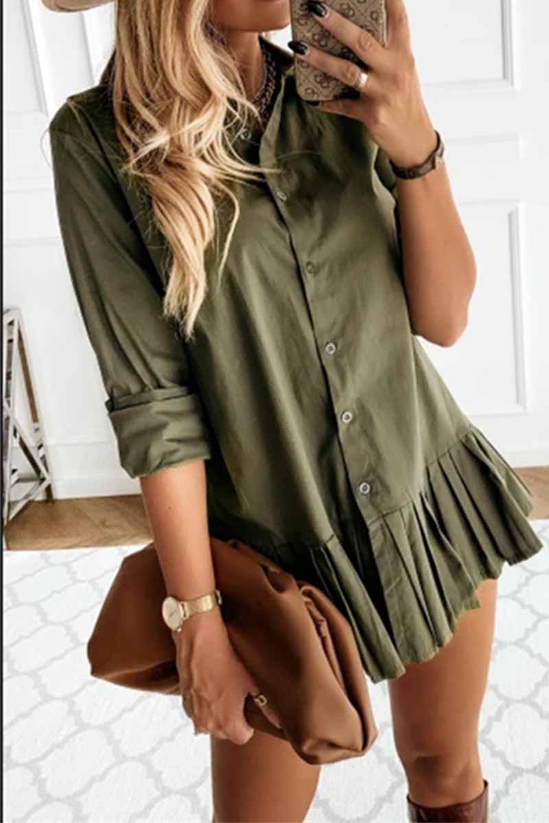 Chicindress Casual Long Sleeve Pleated Solid Color Mini Dress