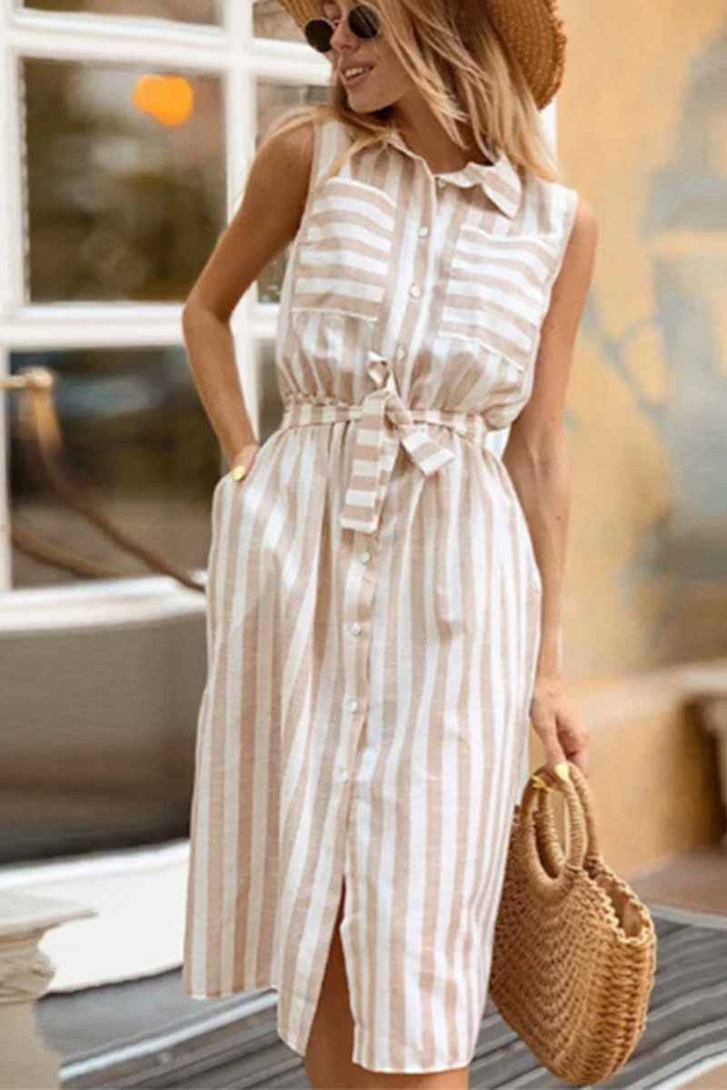 Chicindress Lapel Striped Pockets Mini Dress