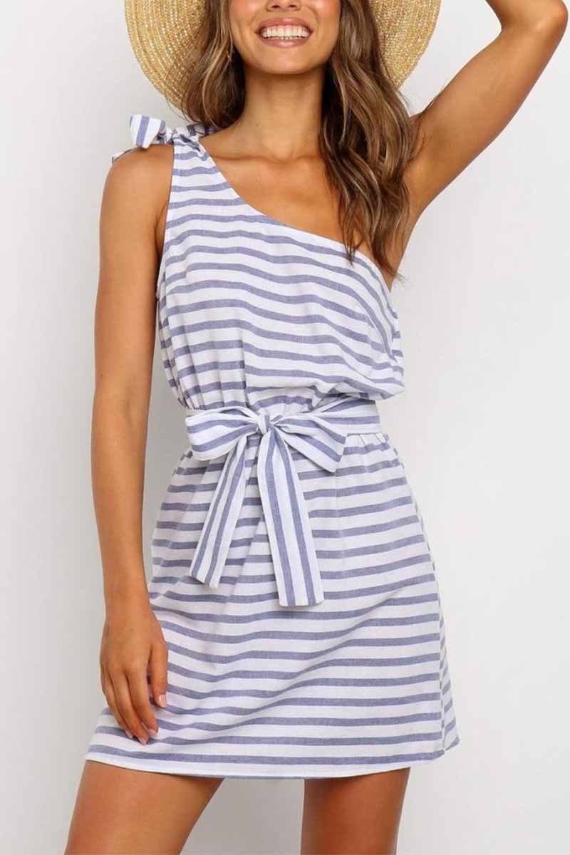Chicindress Summer Sexy One Shoulder Lace-Up Stripes Mini Dress