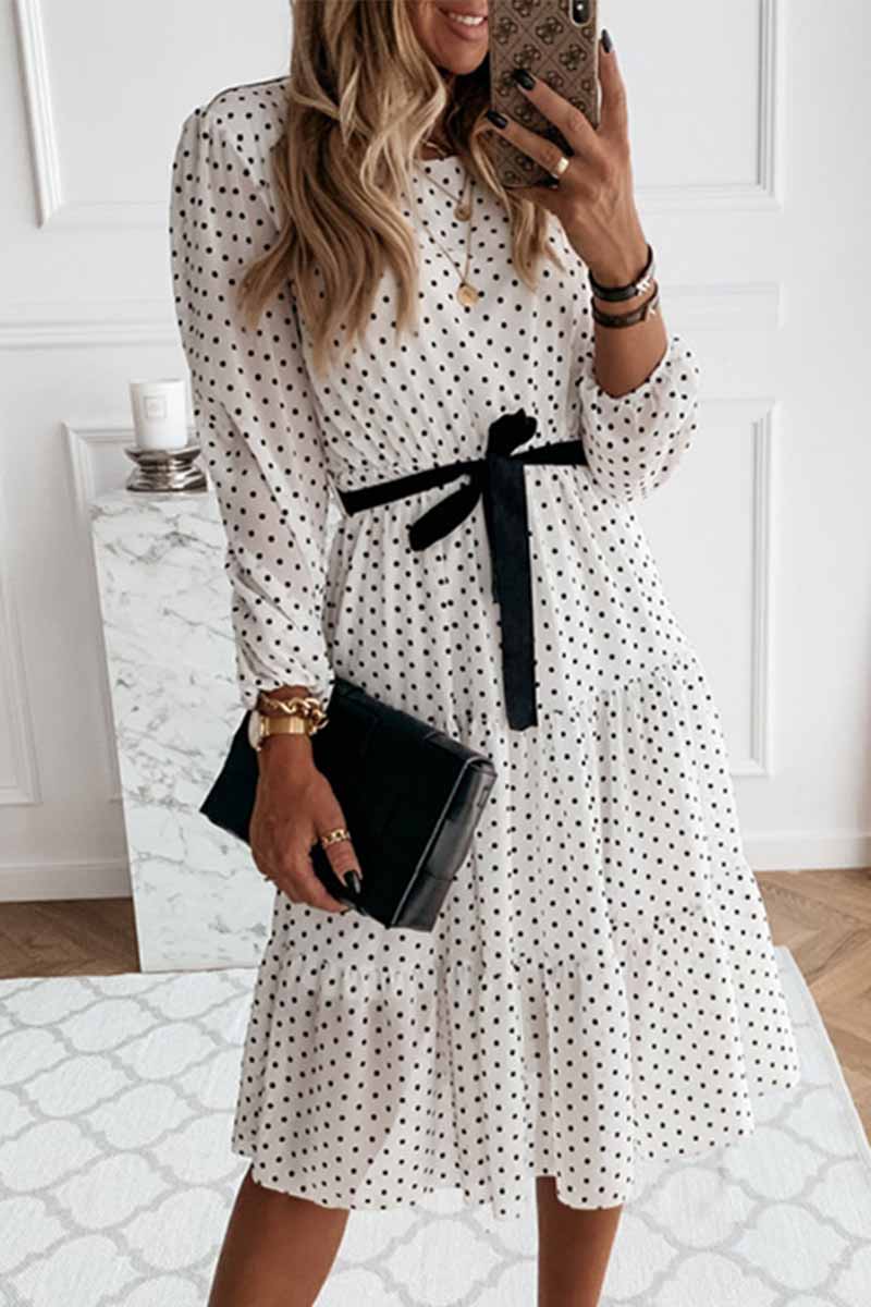 Chicindress Elegant Dot Print Round Neck Tie Midi Dress