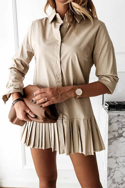 Chicindress Casual Long Sleeve Pleated Solid Color Mini Dress