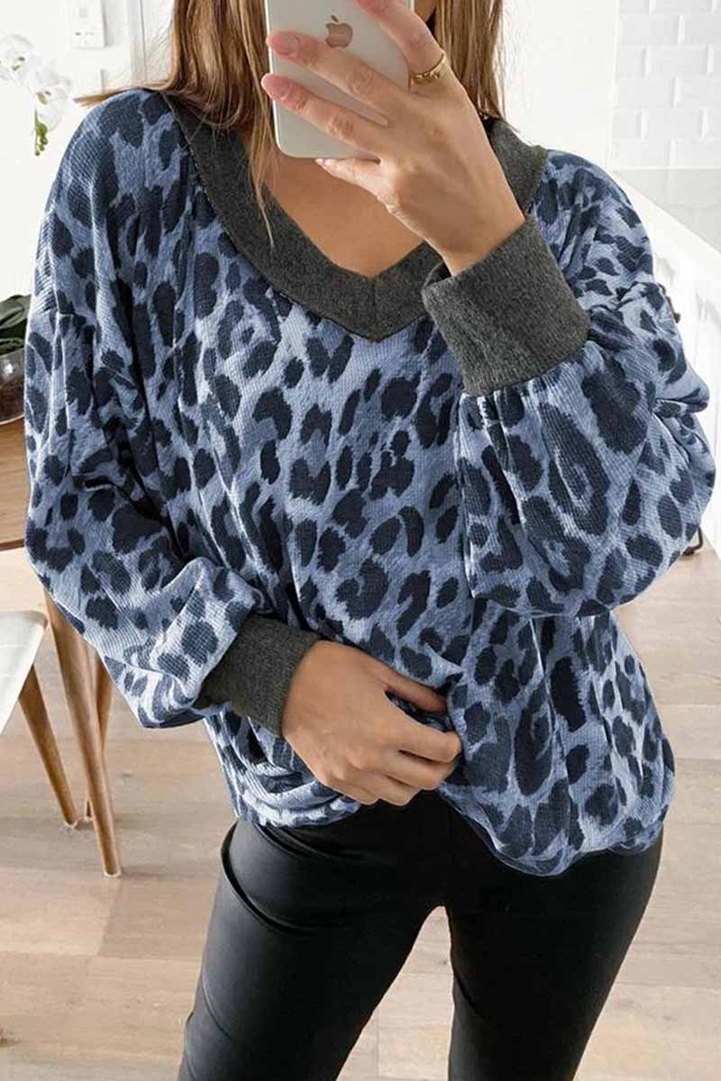 Chicindress V-neck Long Sleeve Leopard Print Pullover Tops